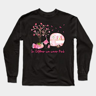 Womens Flamingo In October We Wear Pink Breast Cancer Awareness Long Sleeve T-Shirt